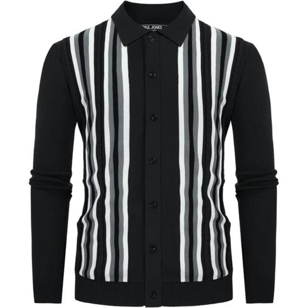 Men's Vintage Striped Knit Polo Shirt Long Sleeve Button Down Cardigan Sweater